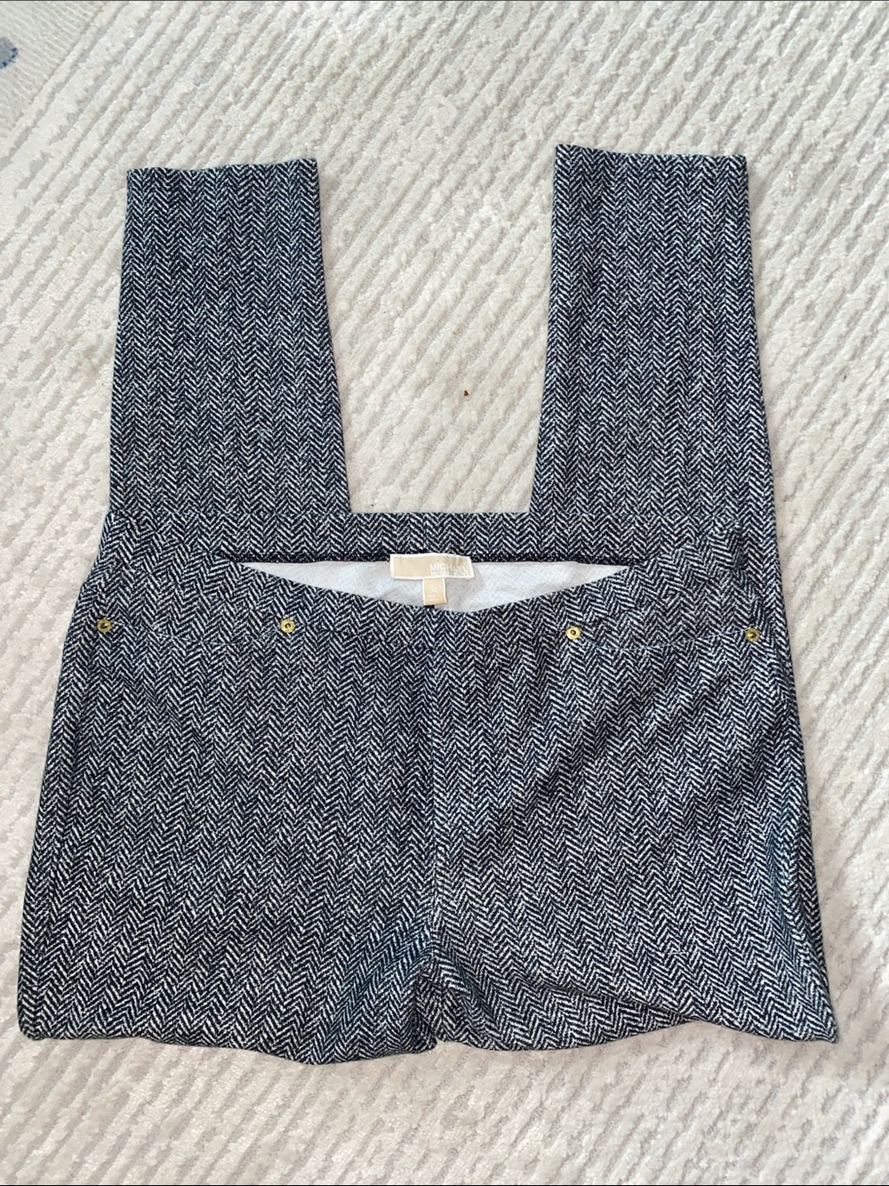 Michael Kors Stretch Herringbone Tweed Skinny Pants, Gold Hardware Accents-Sz XL